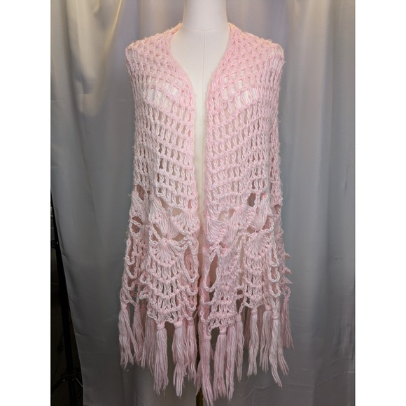 English Village Jackets & Blazers - Vintage Hand Crochet Pink Fringe Vest Boho Granny Festival Cottagecore 70s OSFM